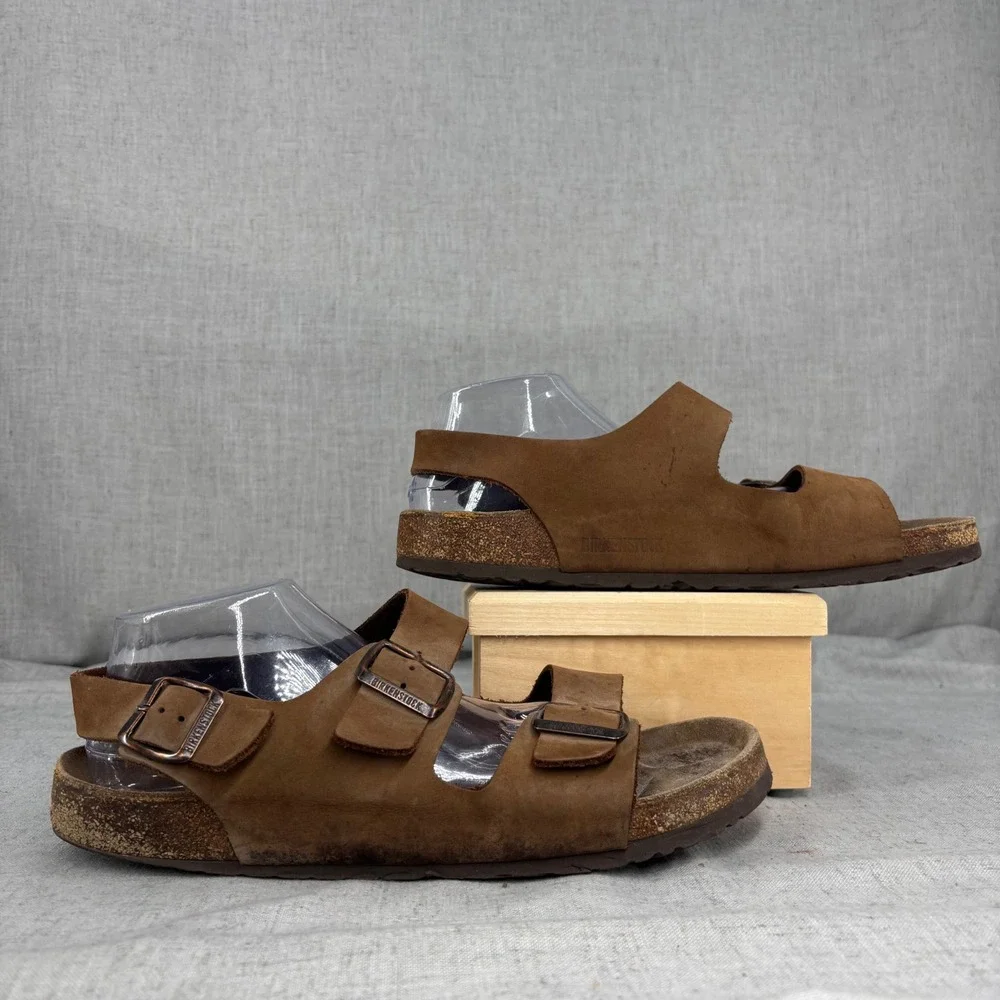 Birkenstock Milano Sandals Oiled Brown Leather Buckle Slip On Men's EU 45